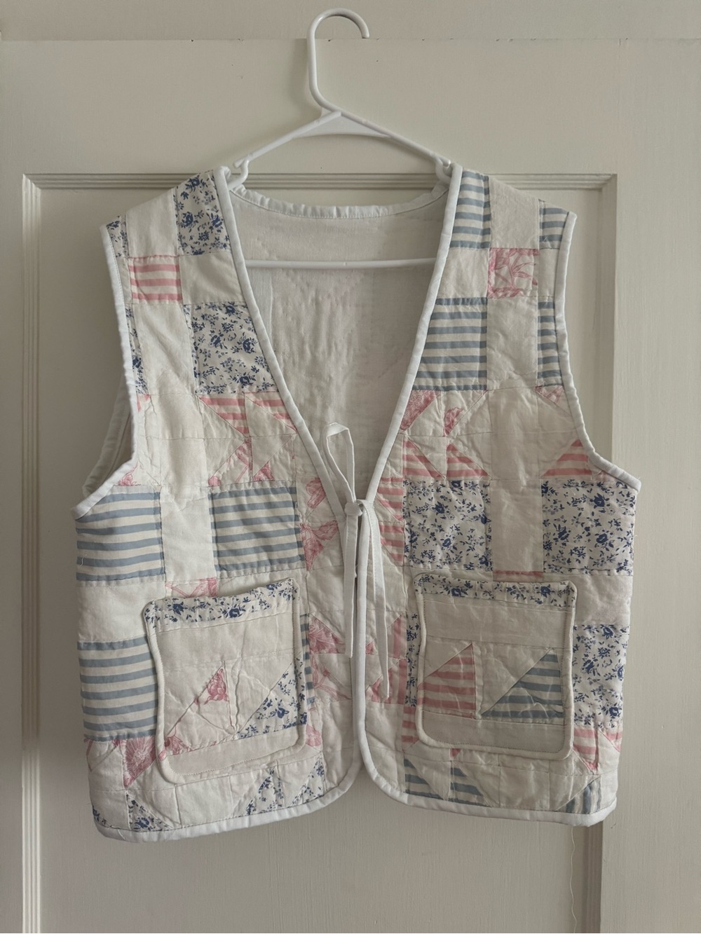 Handmade Quilted Patchwork Vest in White with Pink & Blue Accents